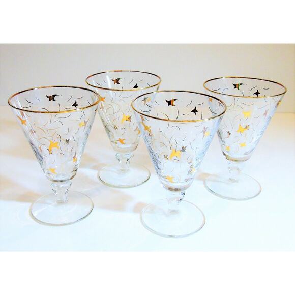 VTG Mid-Century Libbey Royal Fern Set (4) WINE / WATER GLASS Stem 3004 Gold Leaf - Picture 1 of 6
